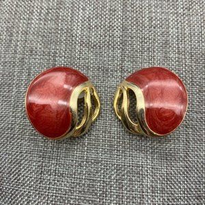 Clip On Earrings Dark Red Enamel Gold Open Work Organic Round Classic Granny